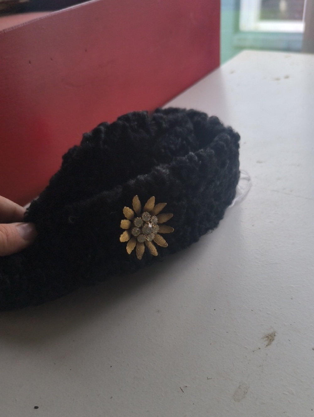 Black Knit Hat with Gold Floral Pin